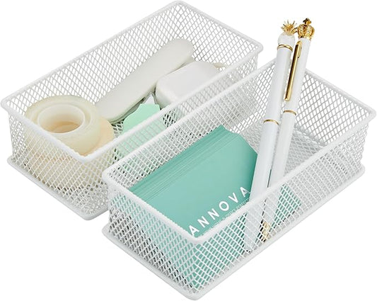 Annova Mesh Stackable Drawer Cabinet and Shelf Organizer Bins Storage Basket School Office Supply Holder Tray- Set of 2 (White, 3x6x2 Inch)-NeatNest