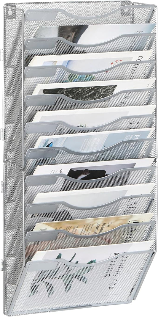 EasyPAG 10 Pocket Wall File Organizer, Silver | Metal Mesh Wall Mounted File Holder | Assembly Hanging Mail Organizer | Replaceable Classify Labels | Office Home Letter Size Paper Storage