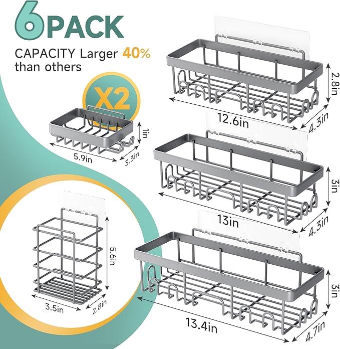 Veken 6-Pack Rustproof & Waterproof Shower Caddy, Adhesive Shelves Rack, Large Capacity Bathroom, College Dorm & Apartment Organizers, No-Drill Wall Mount Living Room & Bedroom Decor, Light Grey-NeatNest