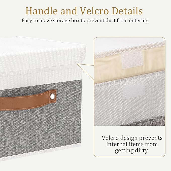 OUTBROS Large Foldable Storage Bins, Linen Fabric Box with Lid, Organiser for Shelves, Cubes For Towels, Clothes, 13 x 9.1 x 7.9 inch (White/Grey, 1-Pack)-NeatNest