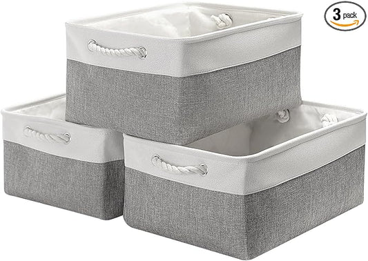 Fabric Storage Bins, 3 Pack Foldable Cube Baskets with Rope Handles, Large Collapsible Storage Cubes for Home, Office, Closet, Clothes, Books Organizer. (White and Gray, 3PCS/16*12.6*8.2inch)