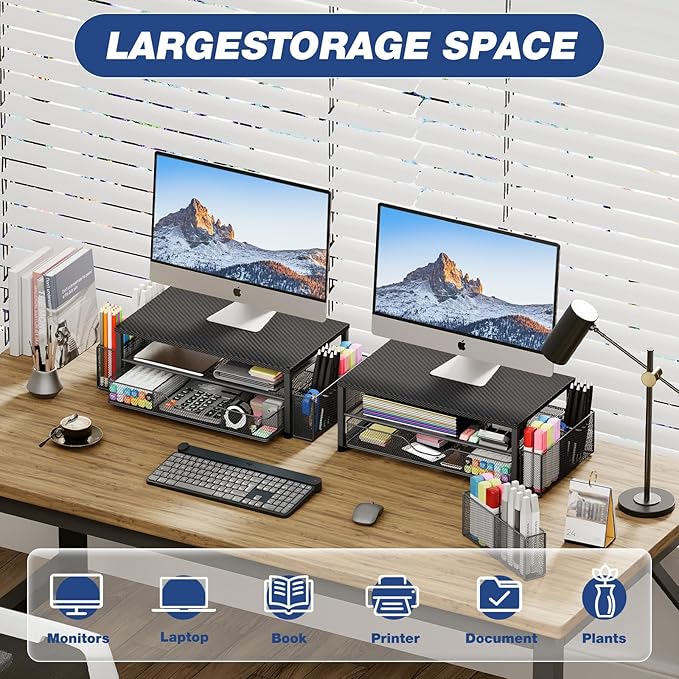 Desk Organizers and Accessories, 2-Tier Computer Monitor Stand Riser with Drawer and 2 Pen Holders, Laptop Stand, Office Desk Accessories for Office Supplies, Carbon Fiber
