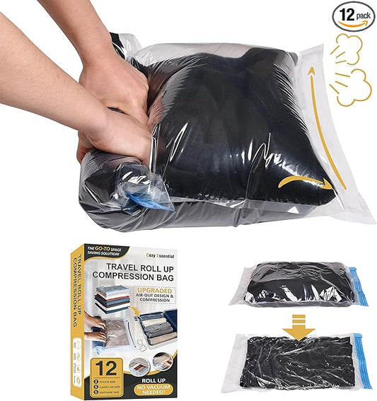 Compression Bags for Travel - Travel Essentials - 12 Pack Space Saver Bags - No Vacuum Needed - Compression Packing Bags for Cruise Accessories-NeatNest