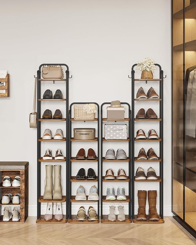 8 Tiers Vertical Shoe Rack, Narrow Shoe Tower, Tall Shoes Shelf with 2 Hooks, Adjustable Shelves, Corner Shoes Shelves for Small Spaces, Entryway, Living Room, Rustic Brown SR04301B-NeatNest