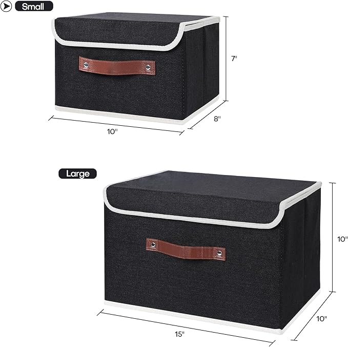 ANMINY 2PCS Storage Bins with Lid PU Leather Handles Storage Boxes PP Plastic Board Decorative Foldable Lidded Cotton Linen Fabric Home Cubes Baskets Closet Organizer Containers - Black, Large Size-NeatNest