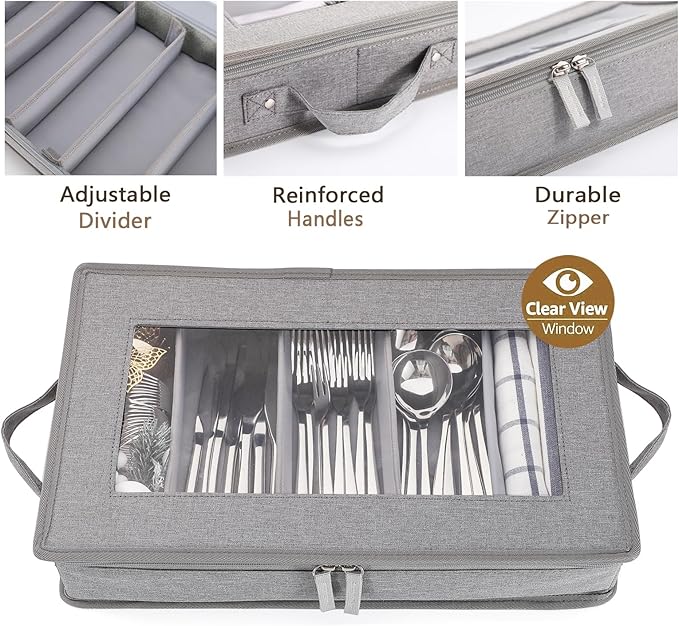 Joyfol Day Flatware Utensil Storage Case, Grey Silverware Storage Box Chest with Adjustable Dividers, Removable Cutlery Storage Holder with Zipper Lid for Organizing Spoon/Flatware/Knives-NeatNest