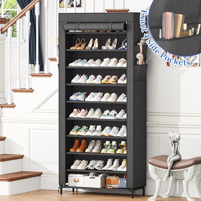 Simple Trending Tall Shoe Rack Organizer Holds 40 Pairs, 10 Tier Large Capacity Shoe Cabinet Storage with Cover for Closet, Black-NeatNest