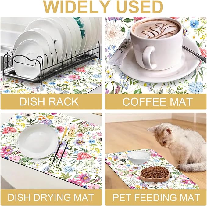 Colorful Flower Dish Drying Mats for Kitchen Counter Absorbent Fast Dry Dish Drainer Rack Mats for Dishes Utensils Pot and Pan, Kitchen Accessories 20"x12"-NeatNest