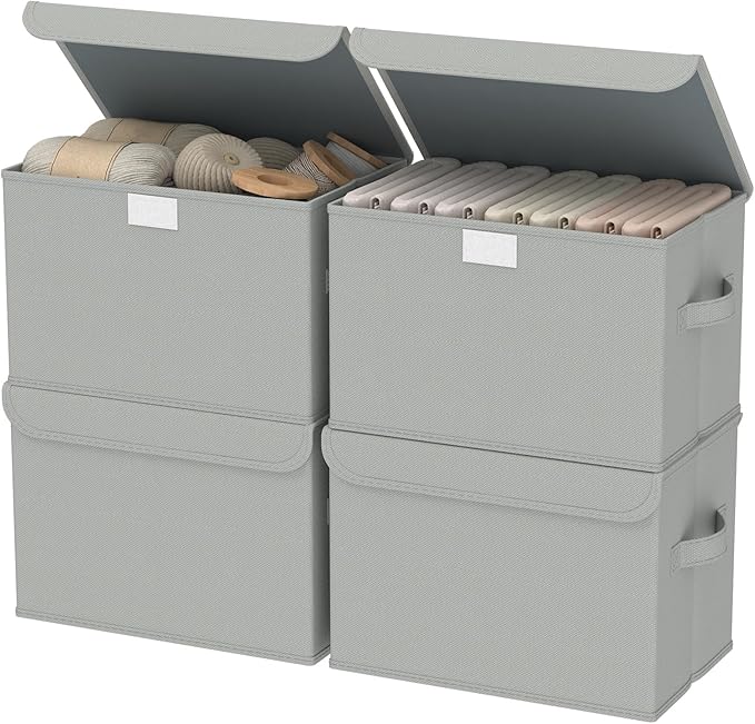 Foldable Storage Bin, Cube Organizer Basket with Flip-Top Lid and 2 Handles, Decorative Boxes for Shelves with Cover for Clothes, Towels, Blanket, 4 Pack, Grey, 13 x 9 x 7.9 In, XSNY12GM-4-NeatNest