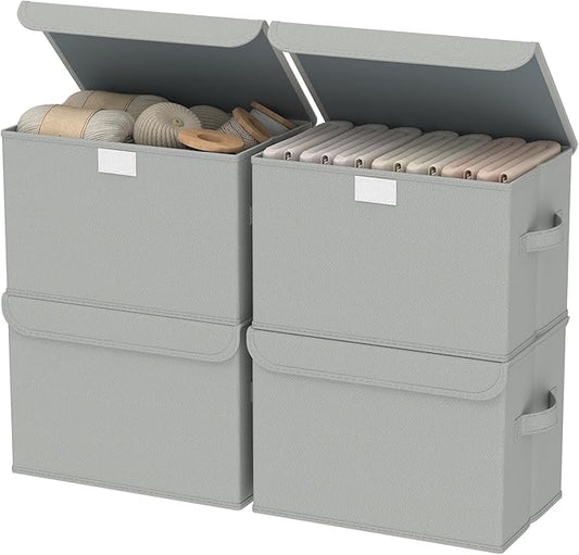 Foldable Storage Bin, Cube Organizer Basket with Flip-Top Lid and 2 Handles, Decorative Boxes for Shelves with Cover for Clothes, Towels, Blanket, 4 Pack, Grey, 13 x 9 x 7.9 In, XSNY12GM-4-NeatNest