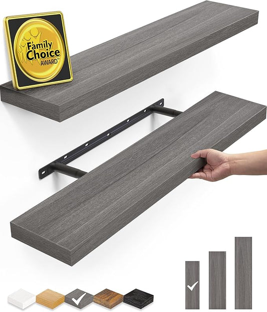 BAYKA Floating Shelves, 22.5" Wall Mounted Wood Shelves for Bathroom, Bedroom, Living Room, Kitchen, Hanging Shelf for Books/Storage/Decor (Grey,Set of 2)-NeatNest