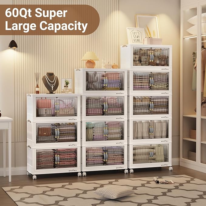240Qt Stackable Storage Bins with Lid, Extra Large Closet Organizer Collapsible Drawer Boxes with Wheels, Folding Plastic Cabinet Containers for Home Kitchen Room Organization, 4Pack White
