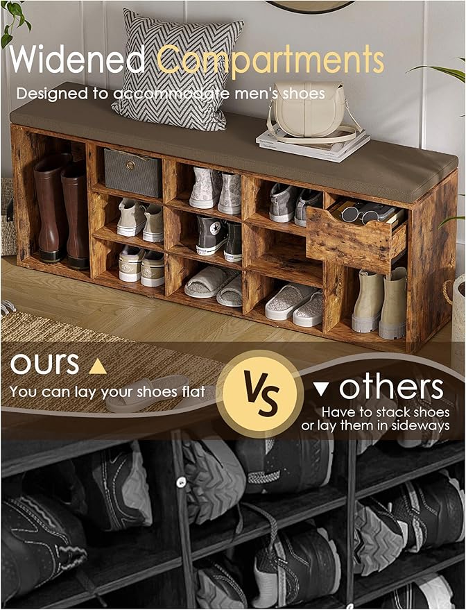 DINZI LVJ Shoe Bench, Entryway Storage Bench with Drawer and 14 Cubbies, Long Cubby Shoe Rack with Adjustable Shelves, Shoe Organizer for Living Room, Bedroom, Mudroom, Garage, Rustic Brown-NeatNest