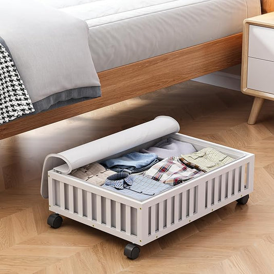 Bamboo Under Bed Storage Containers with Wheels, Rolling Under the Bed Shoe Storage Bins, Wood Stackable Underbed Drawers with Bag Organizer for Bedroom Closet Clothing Sweater Under Crib Toy White-NeatNest