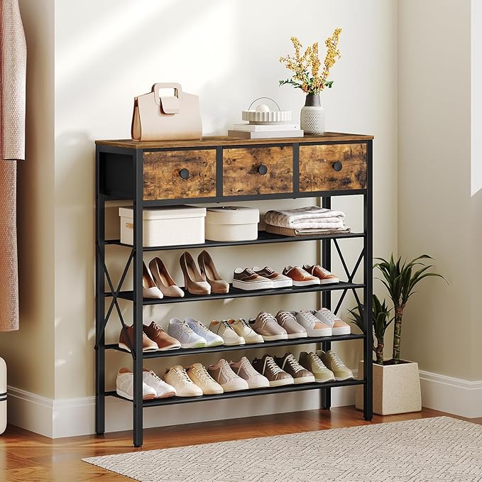 5-Tier Shoe Rack with 3 Drawers, Metal Shoe Organizer for 20 Pairs with Storage Shelves and Wooden Top, for Entryway, Hallway, Foyer, Closet, Rustic Brown and Black SS35BR-NeatNest