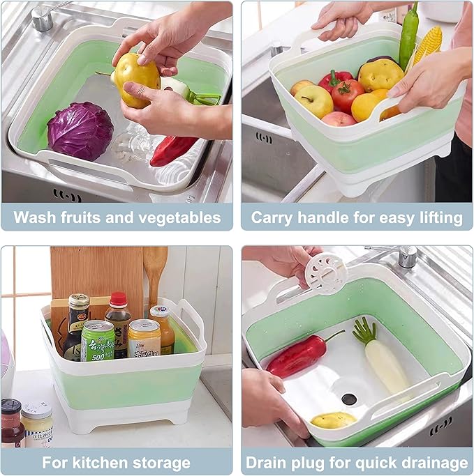 2.4 Gal(9L) Collapsible Dish Basin with Drain Plug, Space Saving Outdoor Multiuse Foldable Sink Tub, Dishpan, Kitchen Storage Tray for Camping, Vegetable Washing, RV (Green)-NeatNest