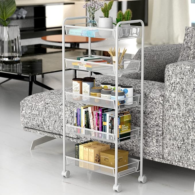 JANE EYRE 5-Tier Rolling Utility Storage Rack Cart on Wheels, Trolley Craft cart, Multi-Purpose Organizer Shelf, White-NeatNest