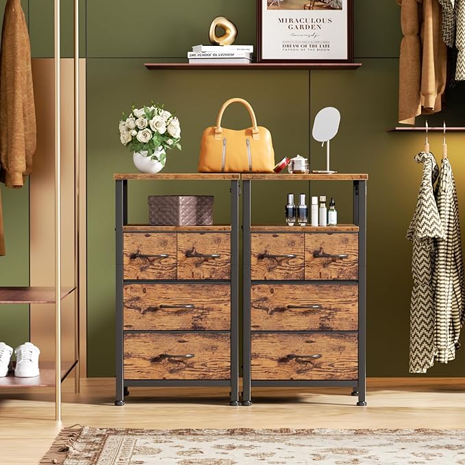 Furnulem Dresser for Bedroom, Tall Nightstand, Bedside Table with Charging Station, LED Light, Fabric Bins, Night Stand with Wood Shelf, Small Furniture for Entryway, 33 Inch (4 Drawer, Rustic Brown)