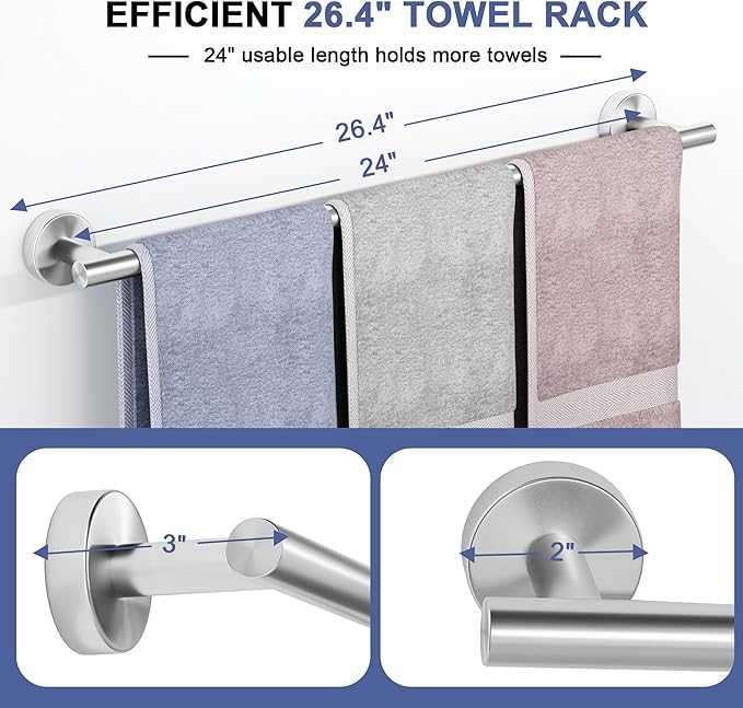 Brushed Nickel Towel Bar, 24 Inch Towel Racks for Bathroom Wall Mounted, SUS304 Stainless Steel Bathroom Towel Holder, Total Length 26.4 Inch Towel Bars-NeatNest