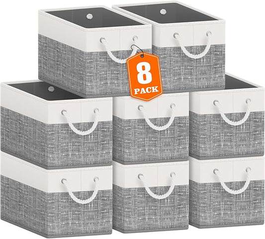 Fab totes Storage Bins [8-Pack], Foldable Storage Baskets for Organizing Toys, Books, Shelves, Closet, Large Storage Box with Rope Handles, Sturdy Organizer Bins, White & Grey-NeatNest