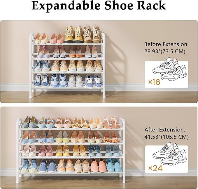 Shoe Rack for Closet,4 Tier Shoe Organizer, 28“ Metal Shelf Can Expandable to 42“, for Bedroom, Entryway, Living Room, Garage, Adjustable to 24 Pairs Shoes, White-NeatNest