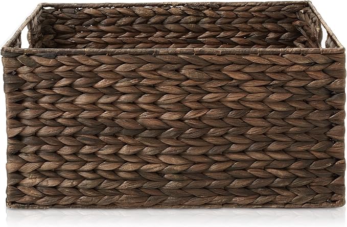 Casafield Set of 2 Water Hyacinth Pantry Baskets, 12-1/2" x 17" x 8", with Chalkboard Labels and Chalk Marker - Espresso, Woven Storage Bin Organizers for Kitchen Shelves-NeatNest