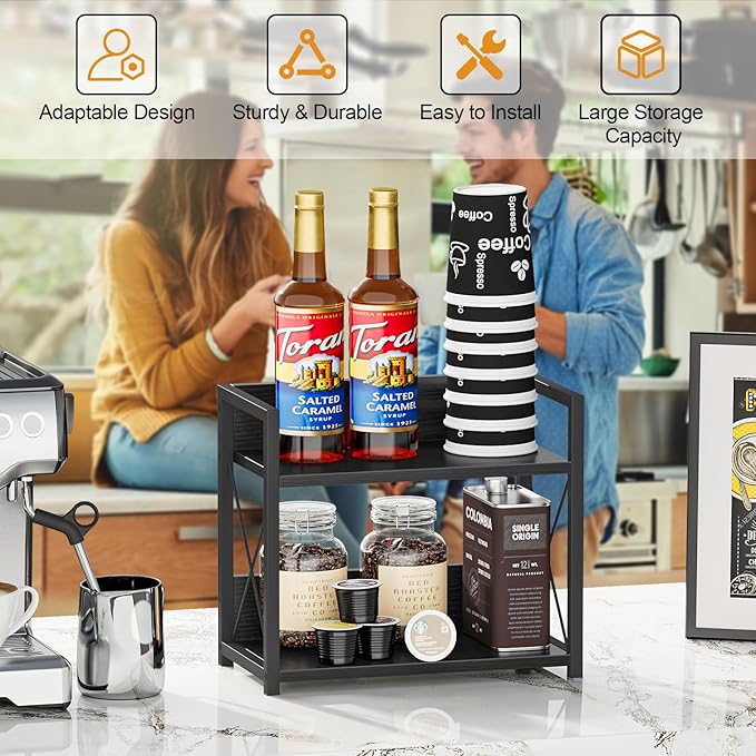 Giikin Kitchen Counter Shelf, 2 Tier Kitchen Spice Rack Organizer for Countertop, Wood Coffee Bar Organizer for Home (Black, S)-NeatNest