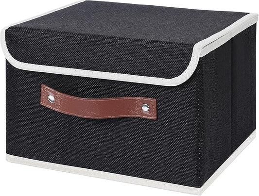 ANMINY Storage Bin with Lid Storage Boxes with PU Leather Handles PP Plastic Board Decorative Foldable Lidded Cotton Linen Fabric Home Cubes Baskets Closet Organizer Container - Black, Small Size-NeatNest