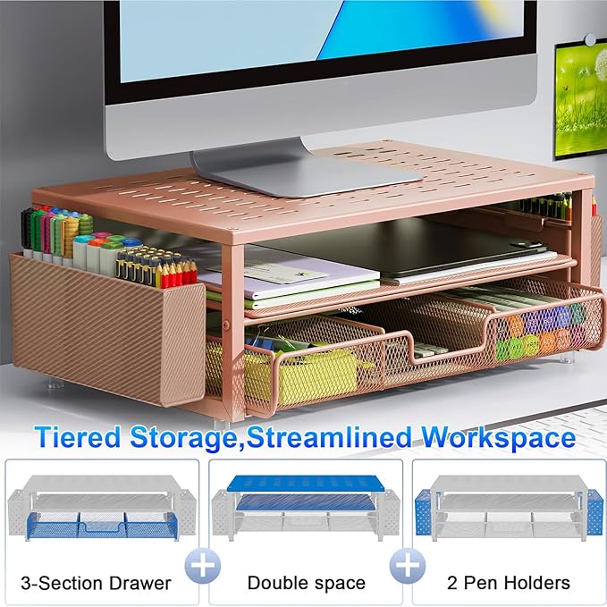 gianotter Desk Organizers and Accessories, Monitor Stand with Drawer and 2 Pen Holder, Desktop Organizer Suitable for Offices and Dormitories (Rose Gold)-NeatNest