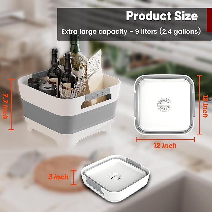 2.4 Gal Collapsbile Wash Basin with Drian Plug,9L Dish Pan for Soaking Baby Bottles,Portable Sink, Multiuse Foldable Bucket,Ice Beverage Tubs for Camping, Vegetable Washing, RV (Gray)-NeatNest