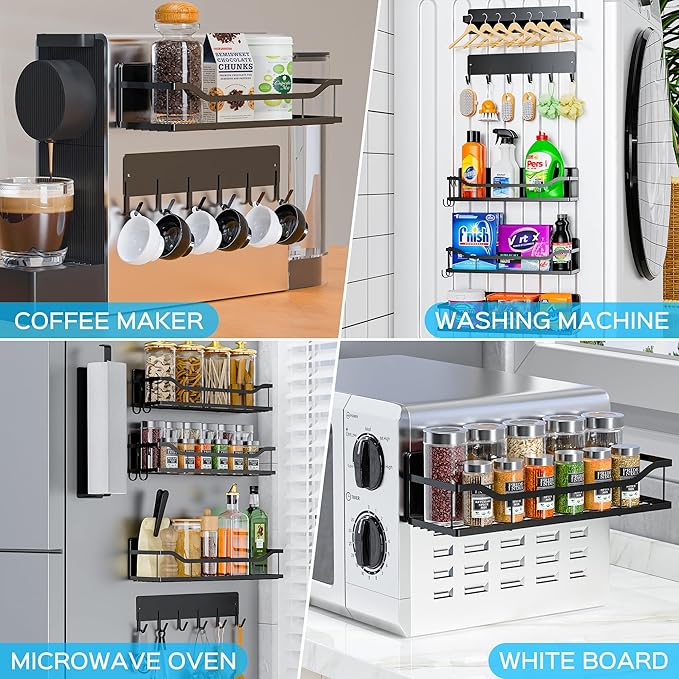 5 Pack Magnetic Shelves for Washing Machine & Refrigerator, Paper towel holder, Movable Powerful Magnetic Spice Racks with Unique Hollow Design, for Laundry Room and Kitchen Organization (Black)