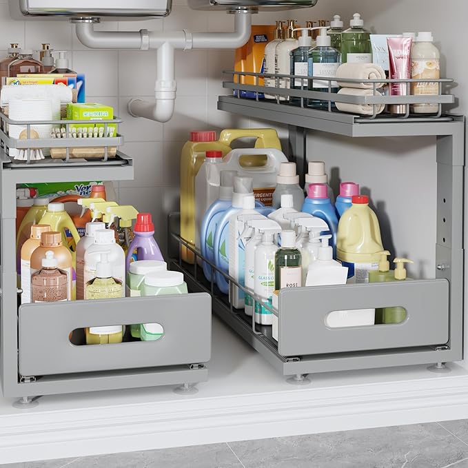 2 Pack 21 in Depth Pull Out Cabinet Storage with Smooth Rails,2-Tier Dual Pull Out Cabinet Storage for Bathroom Kitchen,Under Sink Shelf-Gun Gray-NeatNest