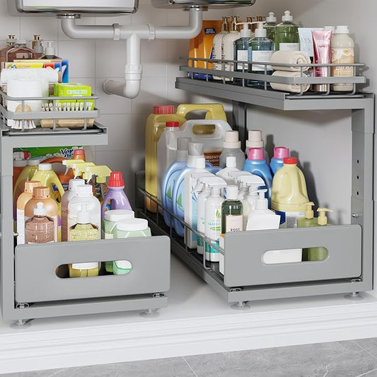 2 Pack 21 in Depth Pull Out Cabinet Storage with Smooth Rails,2-Tier Dual Pull Out Cabinet Storage for Bathroom Kitchen,Under Sink Shelf-Gun Gray-NeatNest