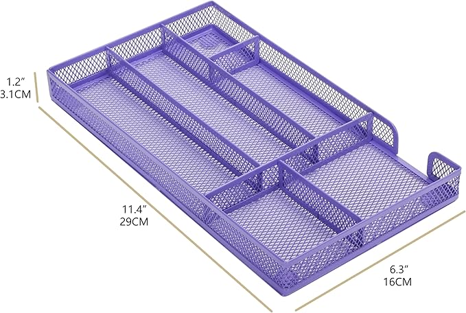 Annova Desk Drawer Organizer Tray for Office Organization - Metal Mesh - Storage Tray with Dividers for Pens, Desktop Accessories, Bathroom, Kitchen, Makeup and Office Supplies (Small, Purple)-NeatNest