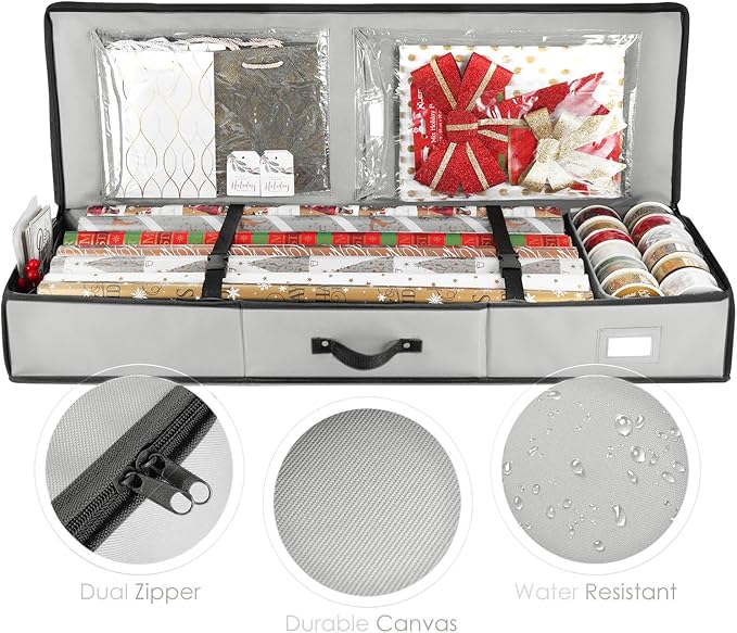 Hearth & Harbor Wrapping Paper Storage Container - Christmas Storage Bag with Interior Pockets - Gift Wrap Organizer Fits Up to 22 Rolls of 40" - Tear Proof, Silver-NeatNest