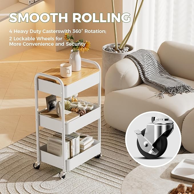 3 Tier Rolling Cart with Table top, Metal Rolling Utility Cart on Wheels, Sturdy Storage Organizer Cart with Hooks for Office, Classroom, Kitchen and Bathroom (White)-NeatNest