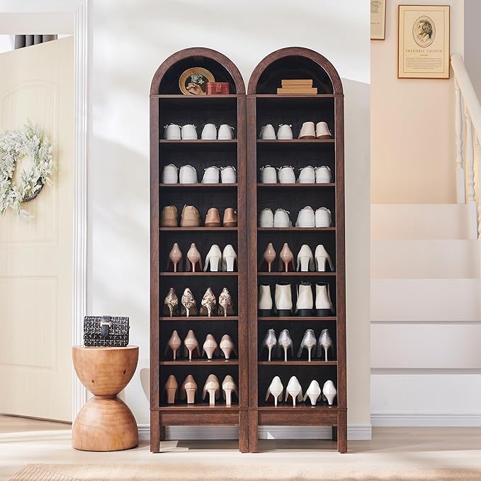 71" Tall Arched Shoe Storage Cabinet, 8 Tiers 16 Pairs Wooden Shoe Rack with 3 Adjustable Shelves, Freestanding Shoe Closet Shelf Organizer for Entryway, Hallway, Living Room (Brown)-NeatNest