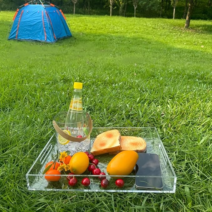 Clear Sturdy Acrylic Serving Tray with Handles-12x16Inch-Serving Coffee,Appetizer,Breakfast,Butler-Kitchen Countertop -Makeup Drawer Organizer-Vanity Table -Ottoman-NeatNest