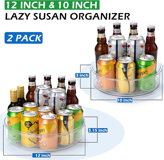 2 Pack, Lazy Susan Organizer for Cabinet, 12 Inch &10 Inch Lazy Susan Turntable for Fridge, Pantry Organization and Storage, Kitchen Spice Rack, Bathroom, Vanity, Countertop, Under Sink and Table