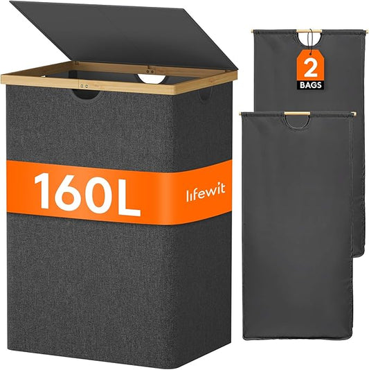 Lifewit 160L Double Laundry Hamper with Lid, Extra Large Bamboo Laundry Basket Dirty Clothes Hamper, 2 Section Laundry Bin Organizer for Laundry Room Bedroom with 2 Removable Liners & Bags, Black-NeatNest