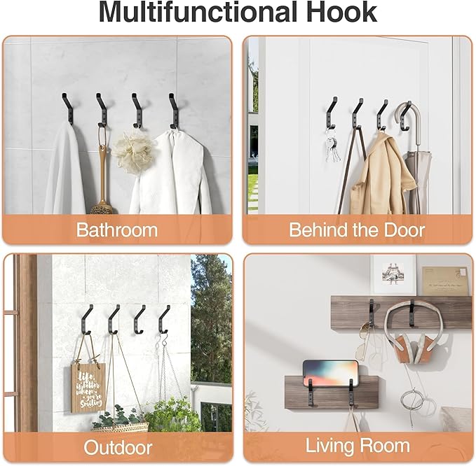 Coat Hooks Wall Mount for Hanging: 20LB Sturdy Hanger for Backpack, Towel, Bag, for Closet, Bathroom, Door, Mushroom, Stainless Black 4 Pack, 3.75"-NeatNest