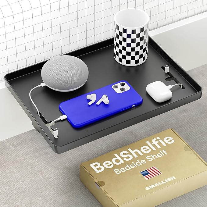 BedShelfie Bedside Shelf for Dorm Room Bunk Bed & Top Bunk, College Dorm Room Essentials, Bedside Caddy, Clip on Floating Desk Tray, Bed Side Table Storage, Loft Nightstand Decor - Cable Catch, Black-NeatNest