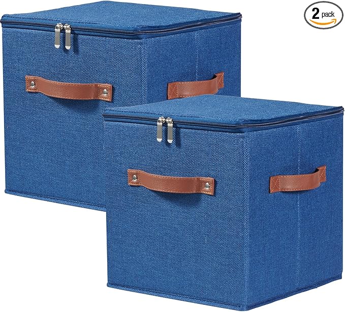 2PCS Storage Cubes with Lid Fabric Storage Bin Box PU Leather Handles Cotton Linen Closet Organizer Container Decorative Foldable Washable Shelf Cloth Basket (Zipper Lid, Deep Blue, 11in)-NeatNest