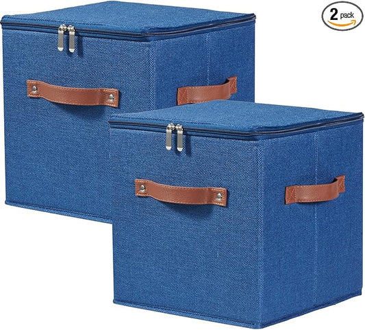 2PCS Storage Cubes with Lid Fabric Storage Bin Box PU Leather Handles Cotton Linen Closet Organizer Container Decorative Foldable Washable Shelf Cloth Basket (Zipper Lid, Deep Blue, 11in)-NeatNest