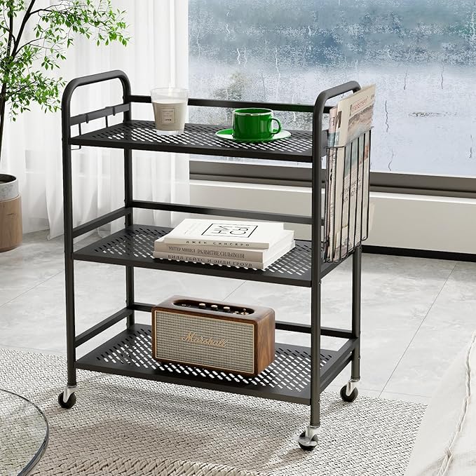HDANI 3 Tier Metal Mesh Utility Cart,Large Capacity Multipurpose Heavy Vehicle,Rolling Trolley with to Hooks and One Basket(Black)