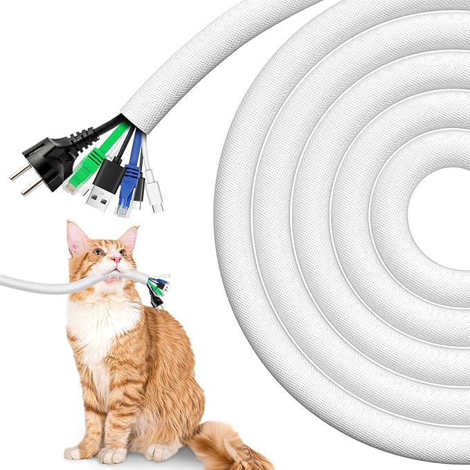 AGPTEK Cable Sleeve Cover, 6.6ft - 1.35 inch Dog Cat Cord Protector Management, Protect Cables from Pets Chewing, for Home Desk Automotive Wire Loom Tubing Cord Protection Self-Wrapping, White