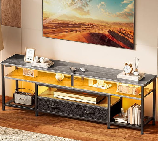 Huuger TV Stand for 65 70 Inch TV, Entertainment Center with Power Outlets and LED Lights, TV Console for Living Room, Media Console with Drawers and Shelves, Grey-NeatNest