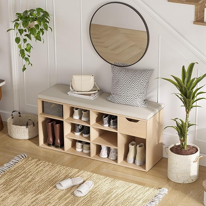 DINZI LVJ Shoe Storage Bench with Cushion, 11- Cubby Entryway Bench with Drawer and Adjustable Shelves, 40.9" Long Cubby Shoe Rack for Living Room, Bedroom, Mudroom, Natural and Cappuccino Beige-NeatNest