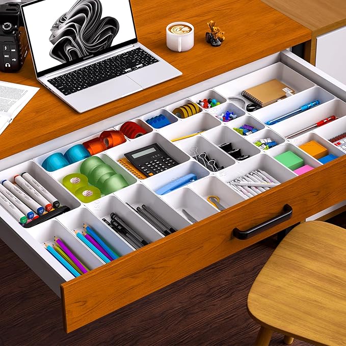 25 pc Plastic Drawer Organizer Set,4 Size Small Storage Containers for Organizing Jewelry,Utensil,Junk,Tea,Makeup,Shallow Drawer Organizers Tray Suitable for Office,Desk,Bathroom,Vanity,Kitchen,White-NeatNest