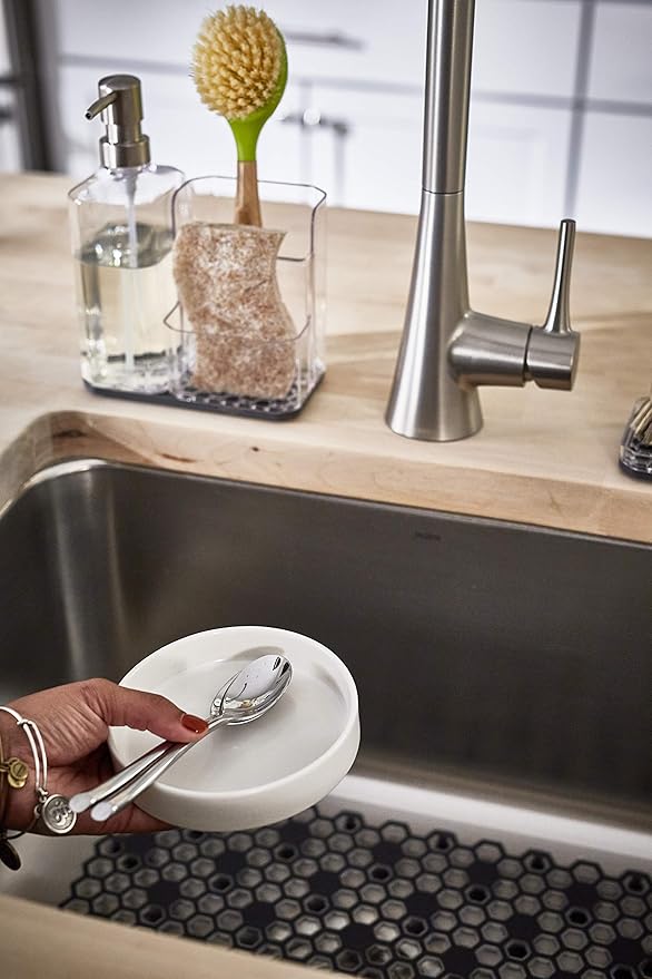 Spectrum HEXA Sponge & Brush Organizer With Soap Pump, Kitchen Sink Organizer With Refillable Soap Pump, Sponge & Dish Brush Holder Easy-Clean Sink Organization & Dish Brush Holder with Removable Base